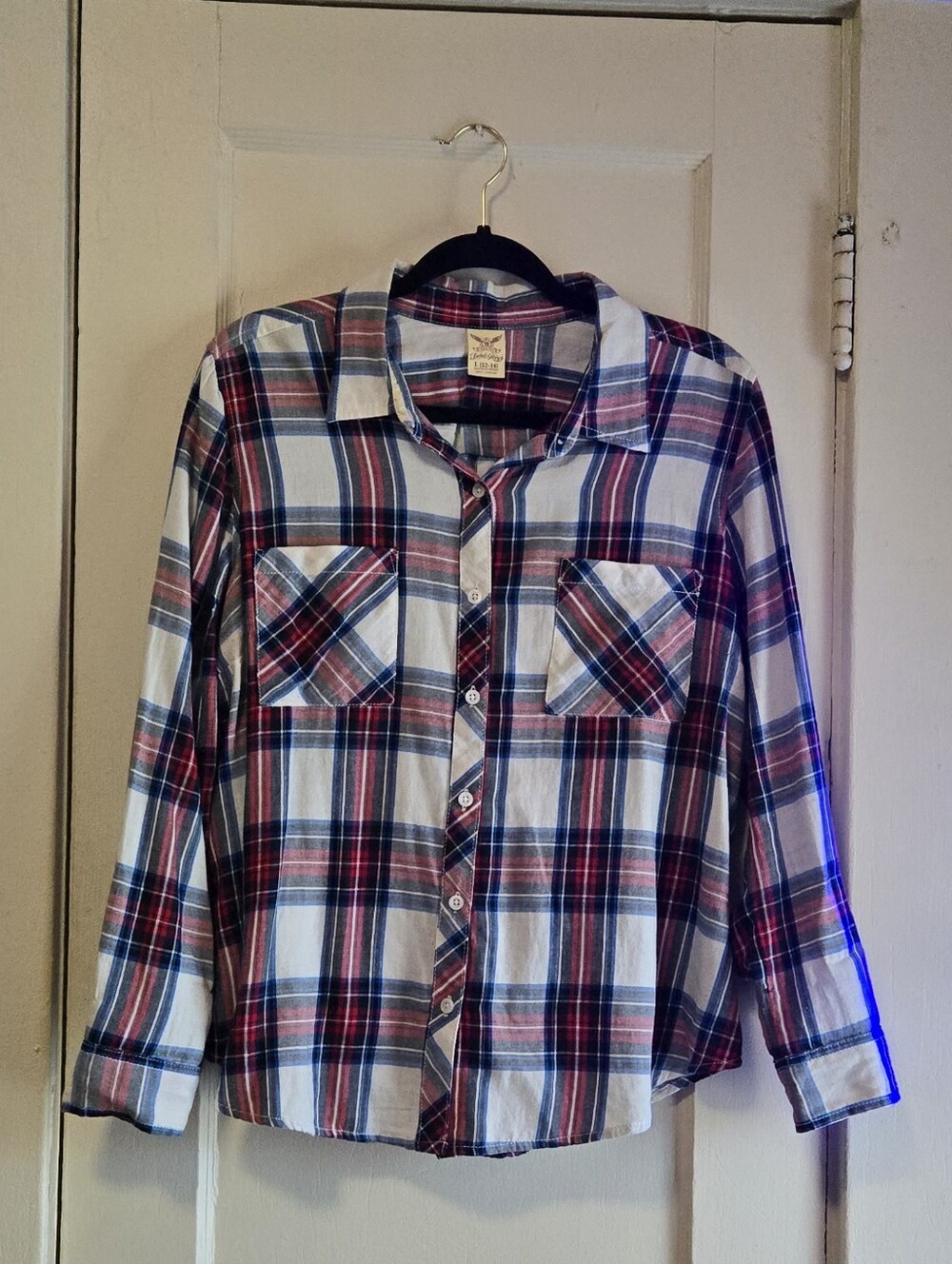 Faded Glory Red, Navy & White Plaid Button-Up Shirt